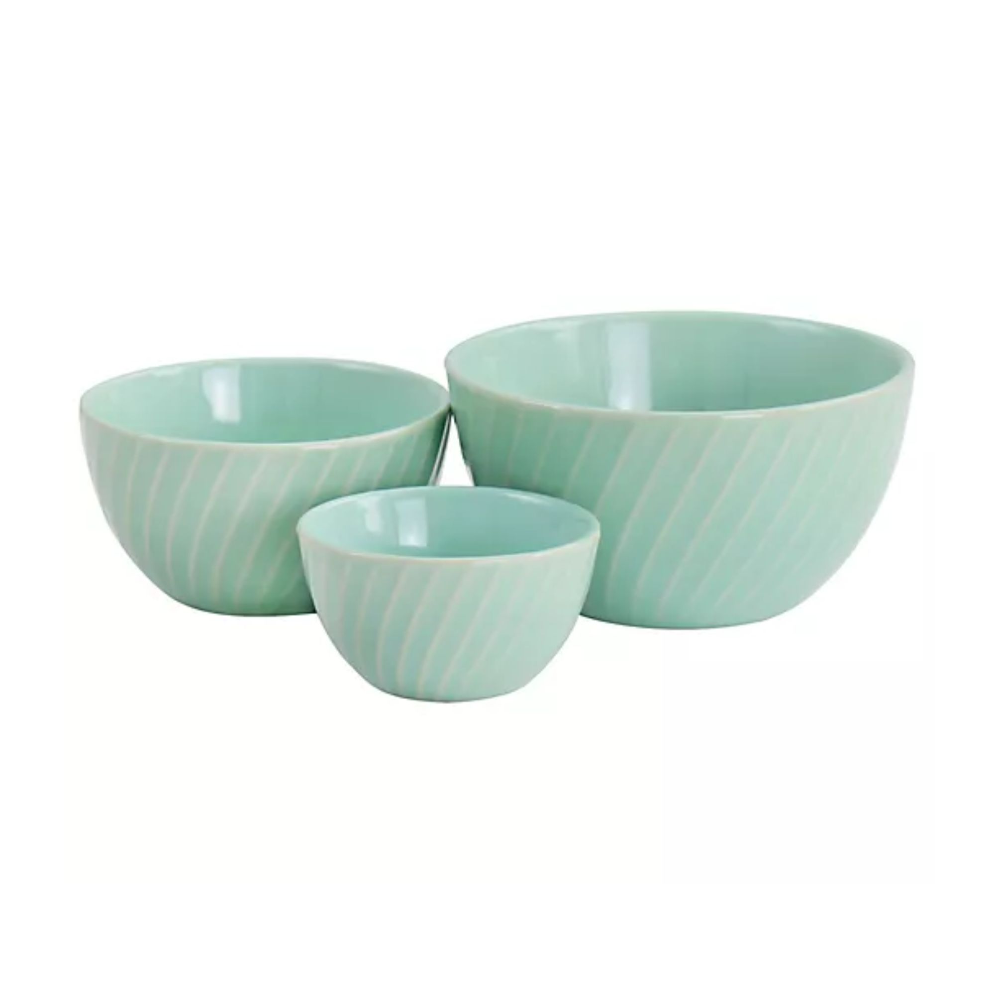 Set of three mint green mini bowls with ribbed stoneware finish