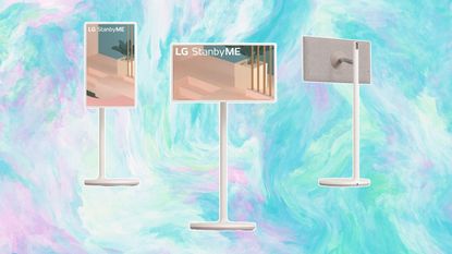 Pictures of the LG StandByME in three different directions on multicolored blue and pink background