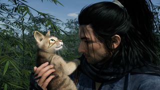 Rise of the Ronin screenshot - some guy cuddling a cat