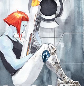 Final cover image of a futuristic woman sitting in a spaceship holding a laser gun