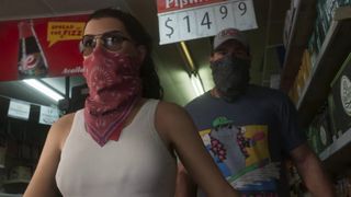A woman with a red bandana over her face wearing sunglasses walking in front of a man with a bandana over his face and a trucker hat one in GTA: VI