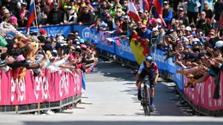 Matthew Riccitello (Israel-Premier Tech) comes to the finish of stage 20 of the 2023 Giro d'Italia with the fastest time