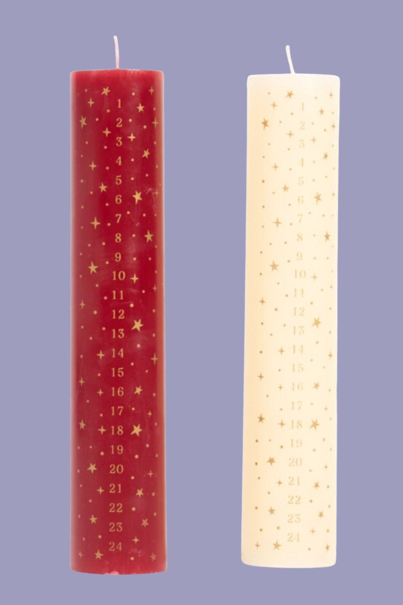 A red and white advent candle set with gold etchings
