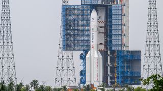 China's Chang'e 7 lunar probe and its Long March 5 rocket are transferred to their pad at the Wenchang Spacecraft Launch Site on Aug. 19, 2026 in Wenchang, Hainan Province.