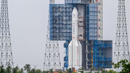 China's Chang'e 7 lunar probe and its Long March 5 rocket are transferred to their pad at the Wenchang Spacecraft Launch Site on Aug. 19, 2026 in Wenchang, Hainan Province.