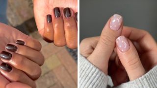 Two images side by side of hands painted with BIAB nails, on the left the nails are painted in a deep brown tone, on the right they are painted with a pink polka dot pattern