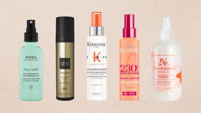 Collage of 5 of the best heat protection sprays from (left to right) Aveda, ghd, K&eacute;rastase, Elvive and bumble and bumble, set against a beige background