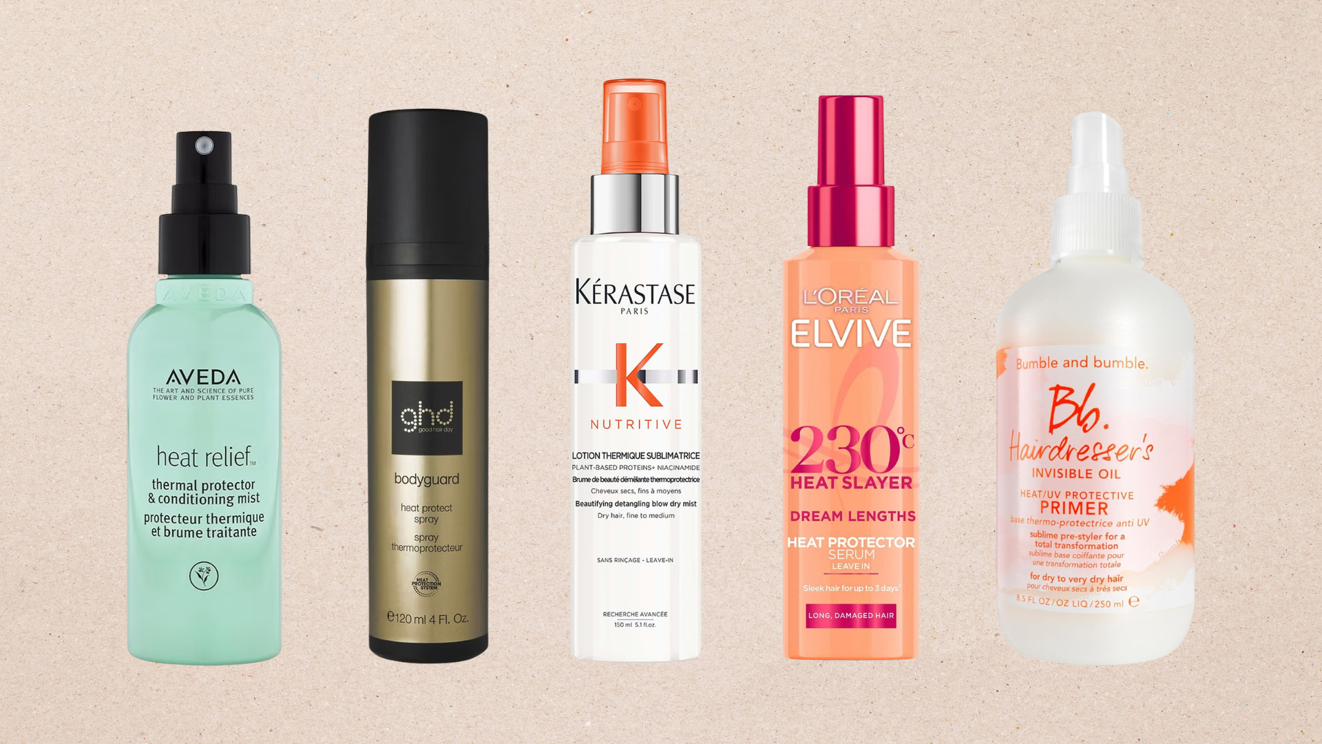 Collage of 5 of the best heat protection sprays from (left to right) Aveda, ghd, K&eacute;rastase, Elvive and bumble and bumble, set against a beige background