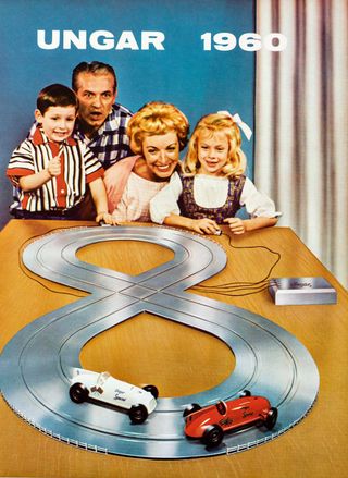 Advert for Ungar train set from 1960 showing a family of four. from Toys. 100 Hundred Years of All-American toy advertising