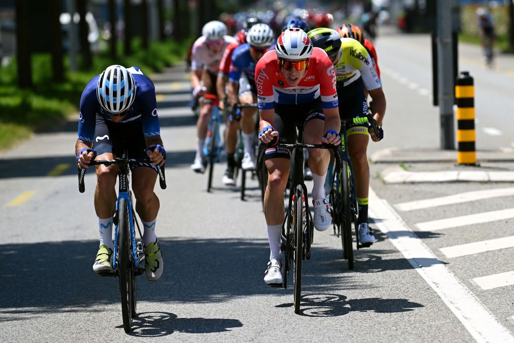 LEUKERBAD SWITZERLAND JUNE 14 LR Llus Mas of Spain and Movistar Team and Pascal Eenkhoorn of The Netherlands and Team Lotto Dstny compete in the breakaway during the 86th Tour de Suisse 2023 Stage 4 a 1525km stage from Monthey to Leukerbad 1367m UCIWT on June 14 2023 in Leukerbad Switzerland Photo by Dario BelingheriGetty Images