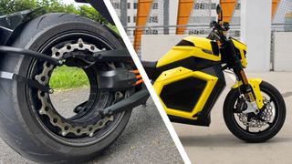 The rear wheel of the Verge TS Pro motorbike next to a view of its front