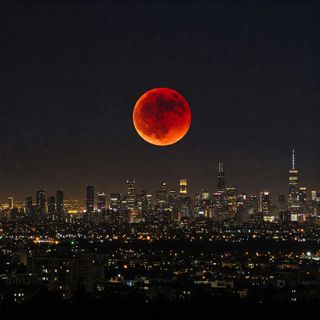 A large, red, scarred and pitted sphere in the dark night sky over a well-illuminated cityscape