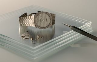 Wrist watch and watch parts on glass