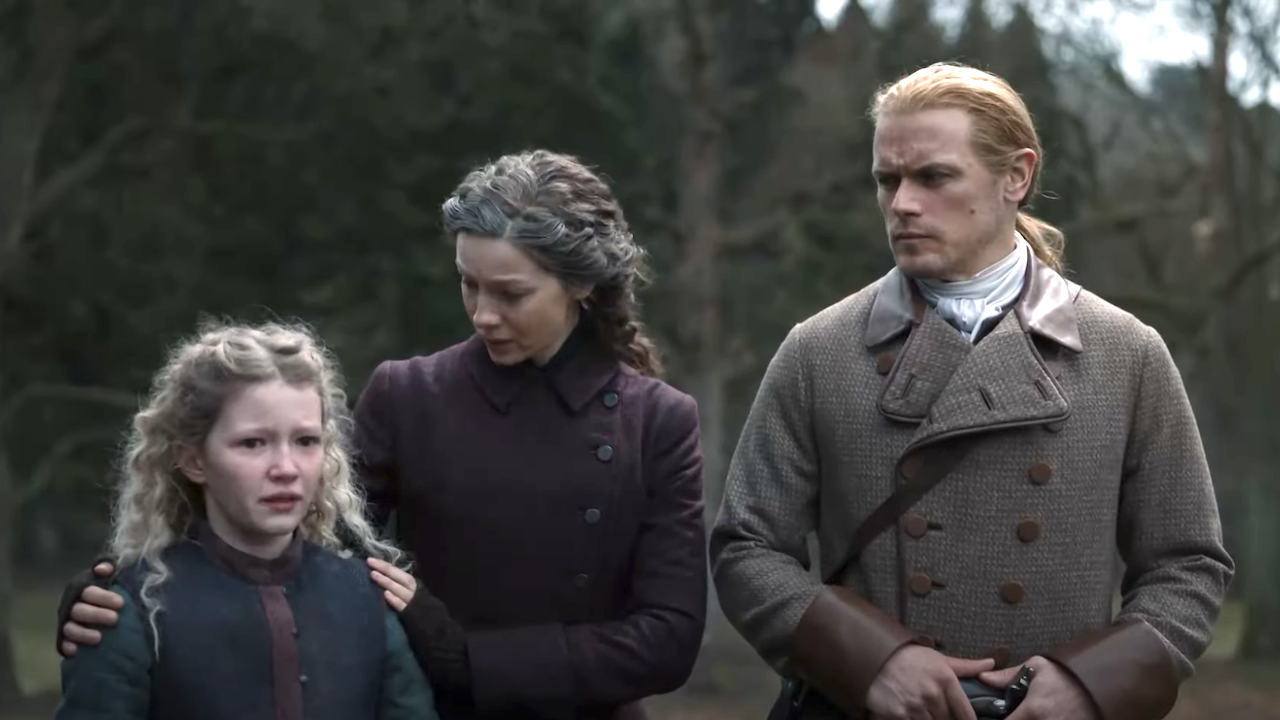fanny, claire and jamie visiting jane's grave in outlander season 7