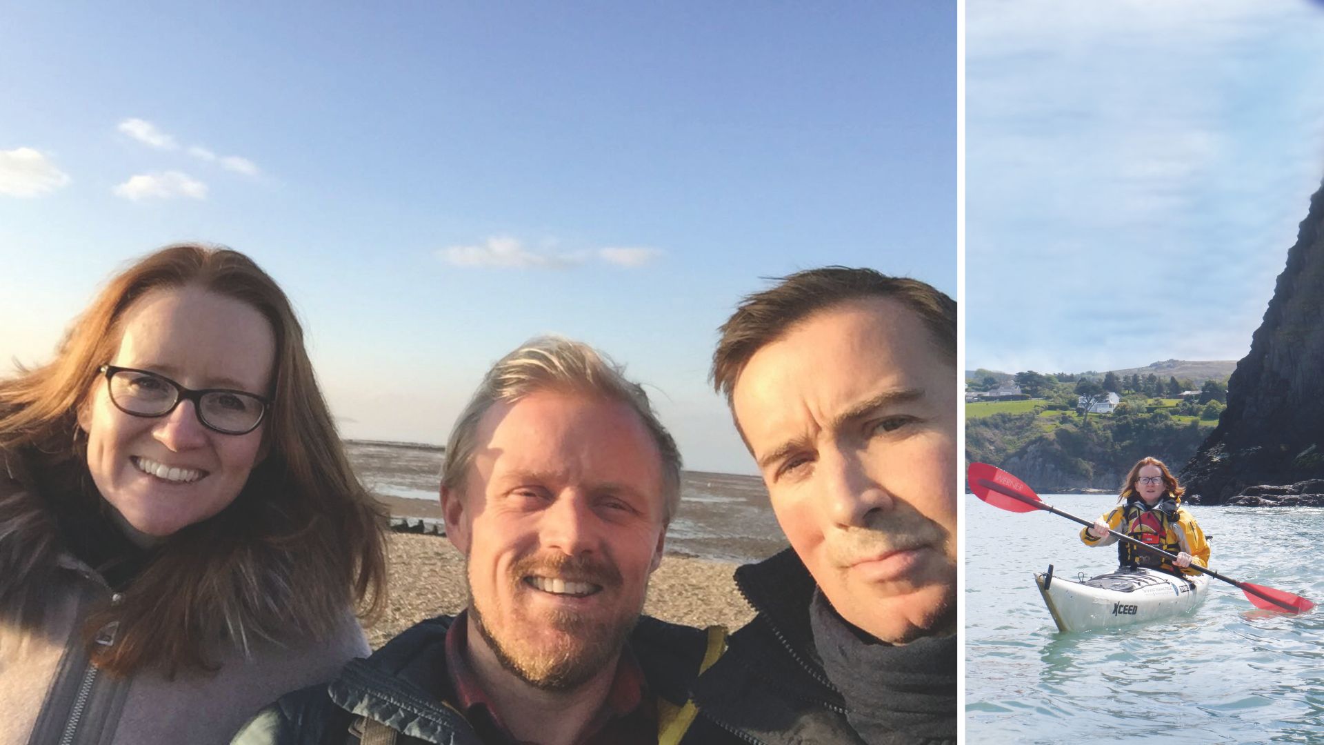 A split image shows Katie, Toby and Marcus Carr on a beach, then a photo of Katie kayaking in the sea