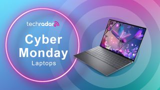 Dell XPS 13 on blue background with Cyber Monday deals text overlay