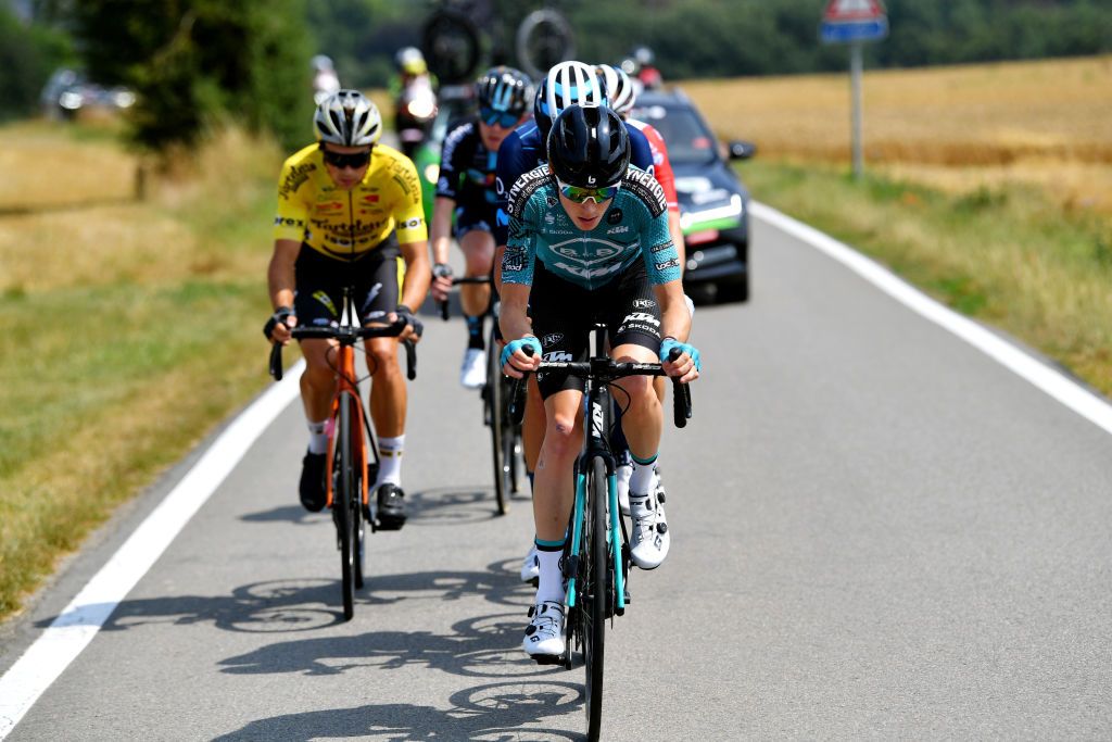 HUY BELGIUM JULY 23 Maxime Chevalier of France and Team BB Hotels PB Ktm competes in the breakaway during the 43rd Ethias Tour de Wallonie 2022 Stage 1 a 1744km stage from Temploux to Huy 204m ethiastourdewallonie22 on July 23 2022 in Huy Belgium Photo by Luc ClaessenGetty Images