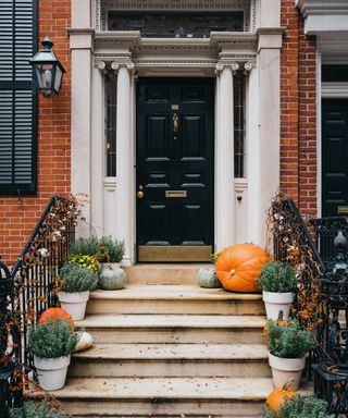 Halloween door decor ideas with green and orange pumpkin on steps, interspersed with plant pots and branches of cotton and willow on the railings