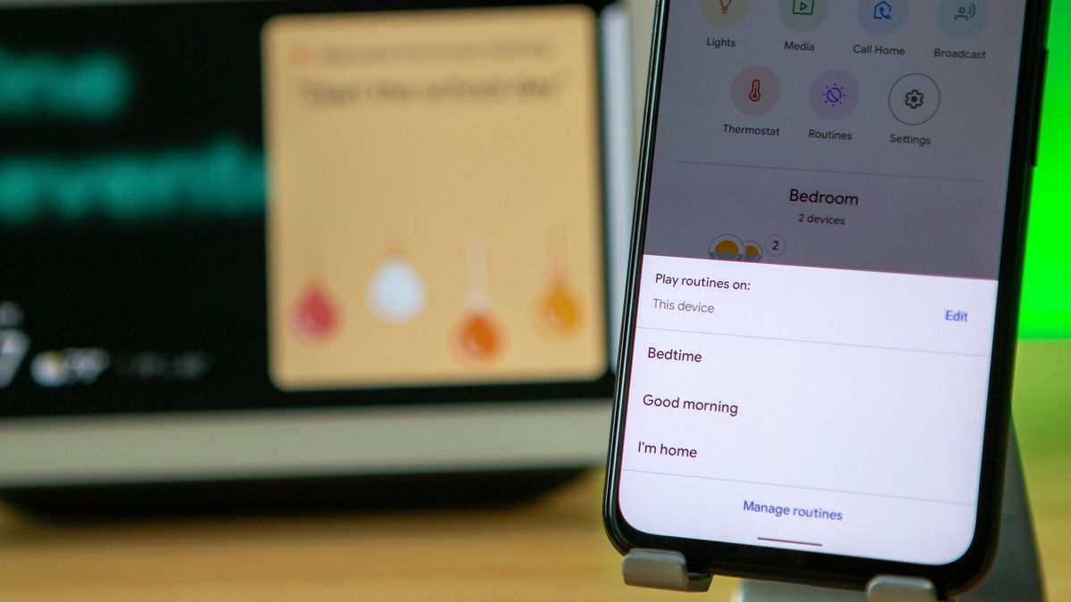 An Android phone showing the option to manage Google Assistant routines like &quot;I&#039;m home&quot; and &quot;Bedtime.&quot;