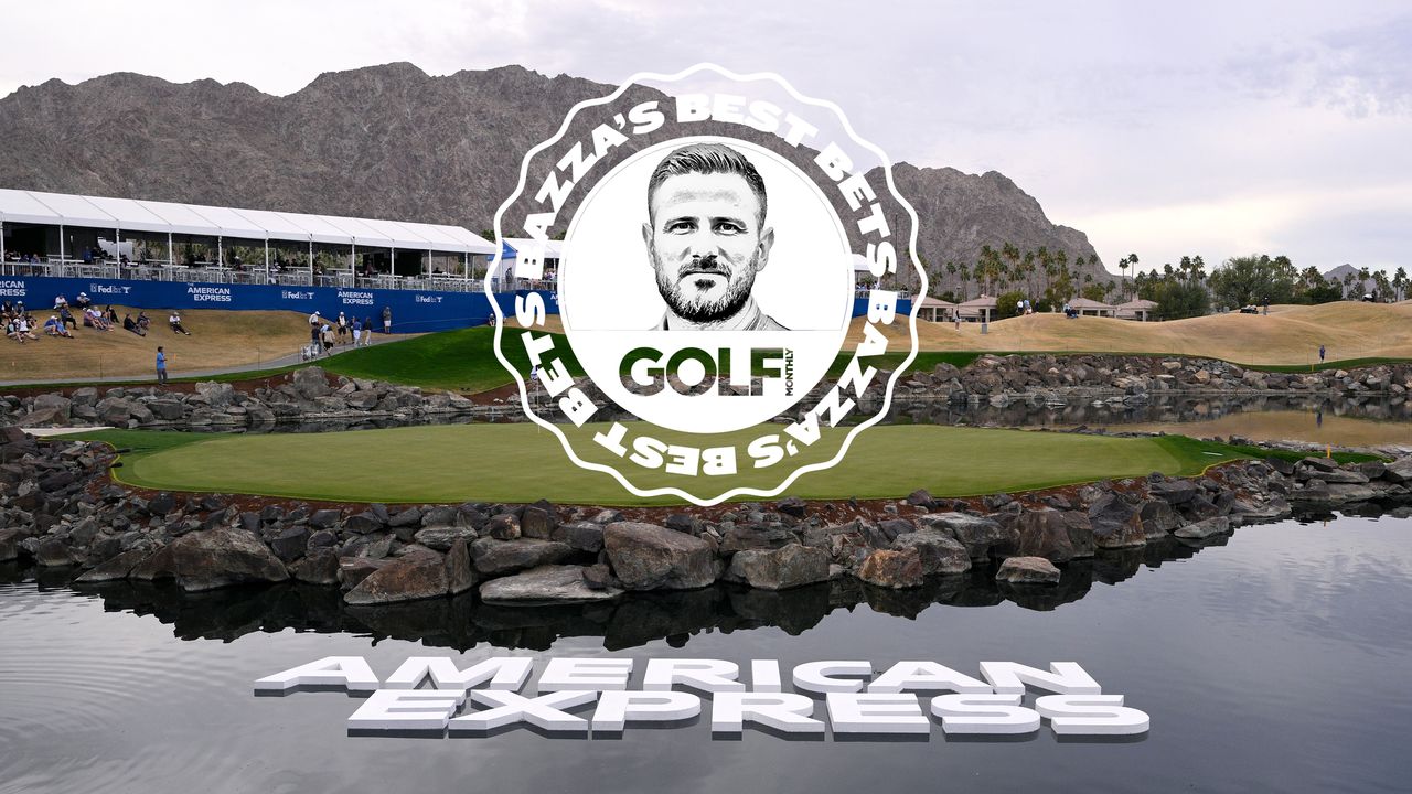 A green surrounded by water at the American Express on the PGA Tour, with the Bazza's Best Bets badge centred in the image
