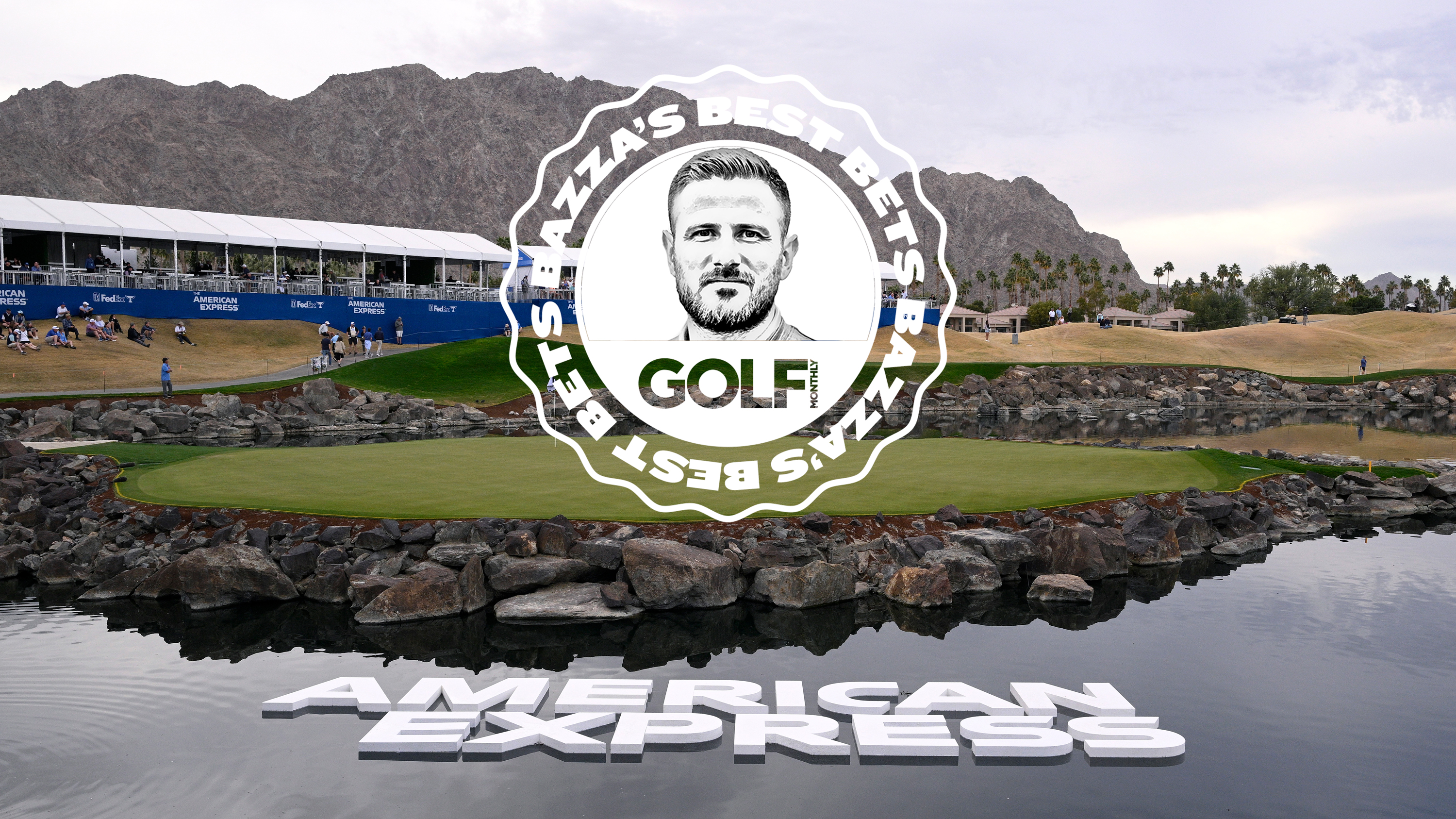 A green surrounded by water at the American Express on the PGA Tour, with the Bazza's Best Bets badge centred in the image