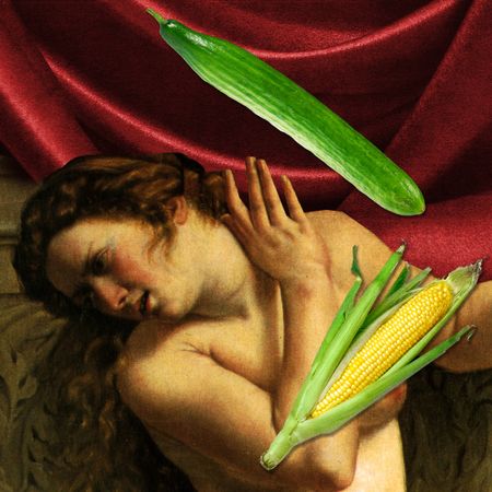 Edit of Artemesia Gentileschi painting "Susanna and the Elders" with woman fending off phallic fruits and vegetables