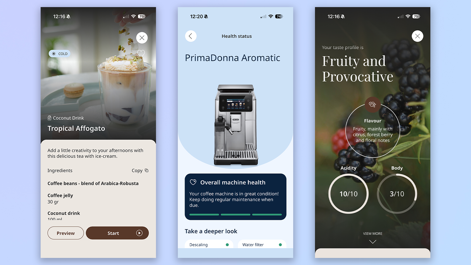 three screenshots from the delonghi my coffee lounge app