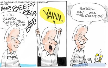 Political Cartoon U.S. Biden Alarm Clock Waking Up Interview Gaffes Sundowning
