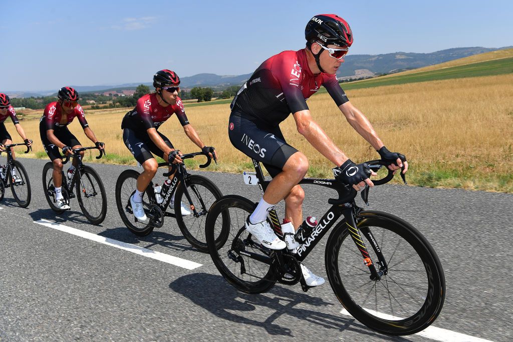 BEZIERS FRANCE AUGUST 01 Christopher Froome of The United Kingdom and Team Ineos Jonathan Castroviejo of Spain and Team Ineos Egan Bernal of Colombia and Team Ineos during the 44th La Route dOccitanie La Depeche du Midi 2020 Stage 1 a 187km stage from Saint Affrique to Cazouls ls Bziers RouteOccitanie RDO2020 on August 01 2020 in Beziers France Photo by Justin SetterfieldGetty Images