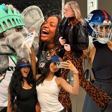 A collage featuring photos of chic fashion people attending sporting events, including Kylie and Kendall Jenner, Gabriella Karefa-Johnson, Chloé Sevigny, and Caroline Daur.