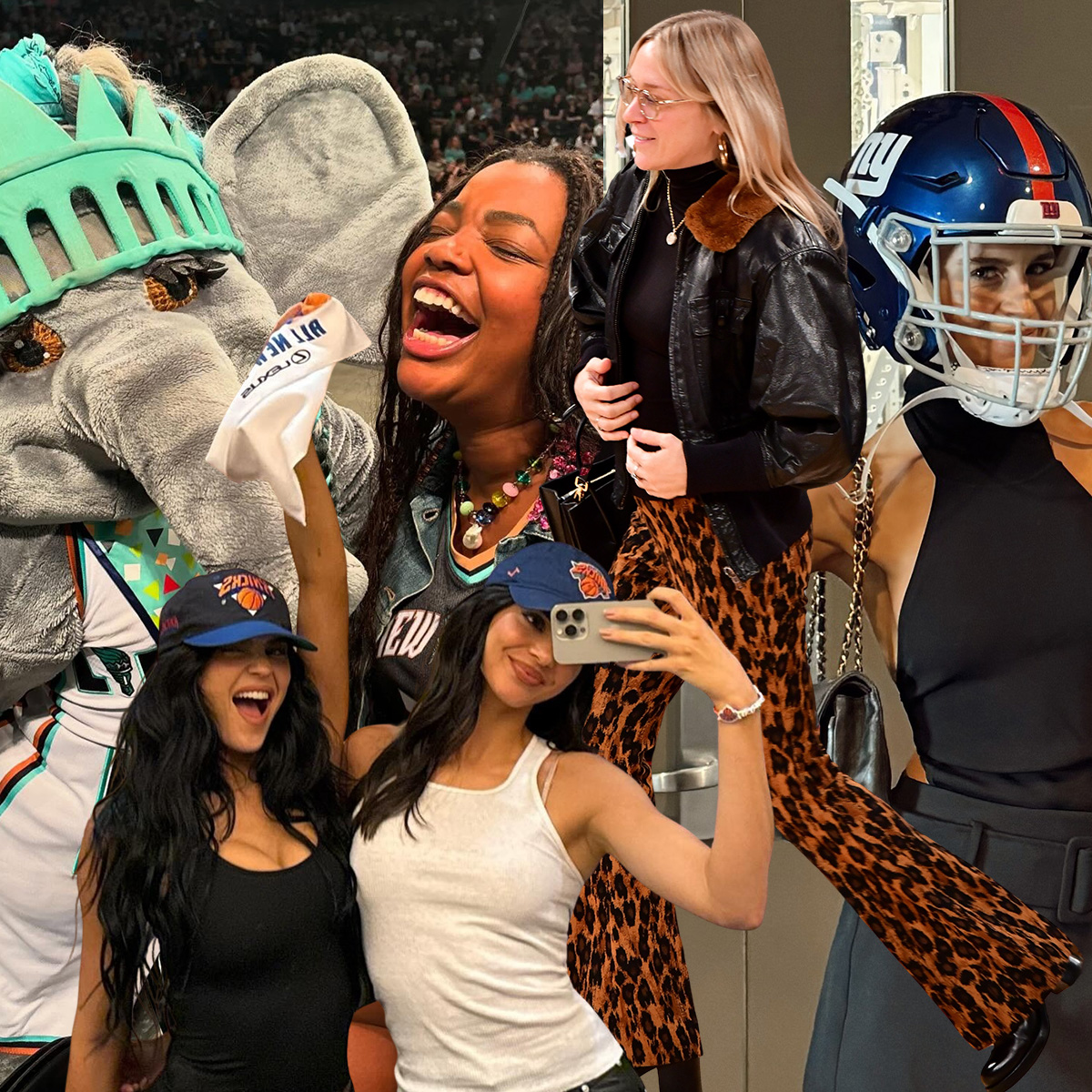 A collage featuring photos of chic fashion people attending sporting events, including Kylie and Kendall Jenner, Gabriella Karefa-Johnson, Chloé Sevigny, and Caroline Daur. 