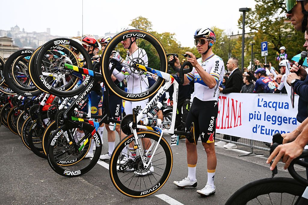 BERGAMO, ITALY - OCTOBER 10: Remco Evenepoel of Belgium and Team Red Bull - BORA - hansgrohe prior to the 120th Il Lombardia 2026 a 239km one day race from Bergamo to Como / #UCIWT / on October 10, 2026 in Bergamo, Italy. (Photo by Dario Belingheri/Getty Images)