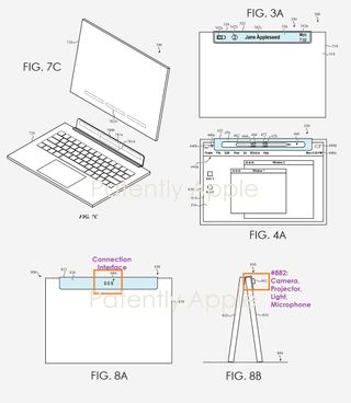 An amended illustration of an Apple patent, showing a tablet being inserted into a keyboard, as well as multiple features for the hinge like a display or stylus slot.
