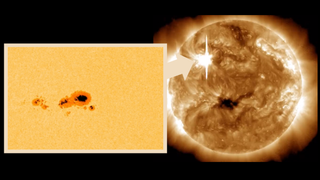 (Left) AR3590 the largest sunspot of the current solar cycle (Right) AR3590 explodes with powerful solar flares