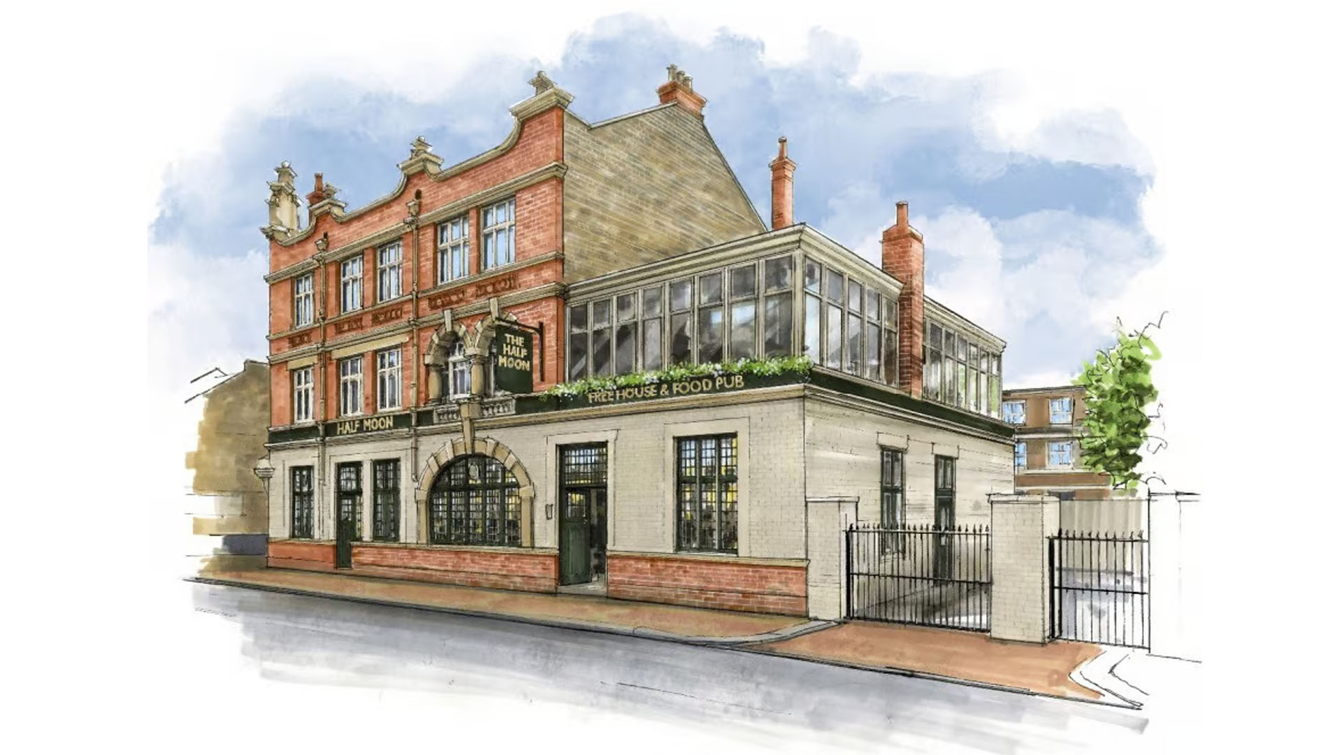 An artist's rendition of the Half Moon pub in Putney. 