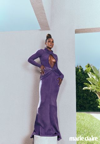 Issa Rae in LaQuan Smith dress; Shay earrings and ring.