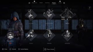 Assassin's Creed Shadows screenshot showing Naoe's Mastery Skill tree with different weapon and archetypes to improve