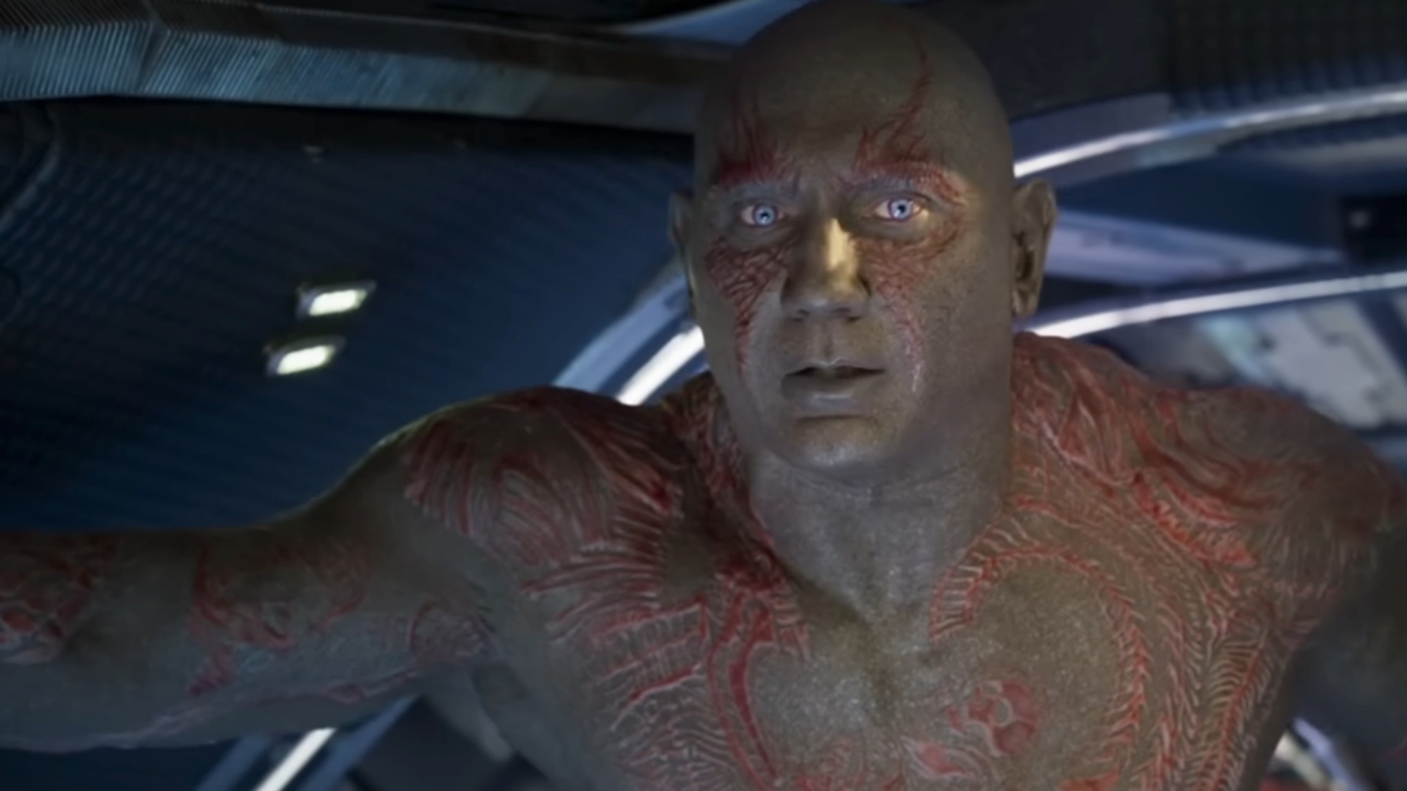 A close up of Dave Bautista in blue makeup as Drax in Guardians of the Galaxy