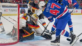 A goalmouth scramble as USA take on Germany in the IIHF World Championship 2026