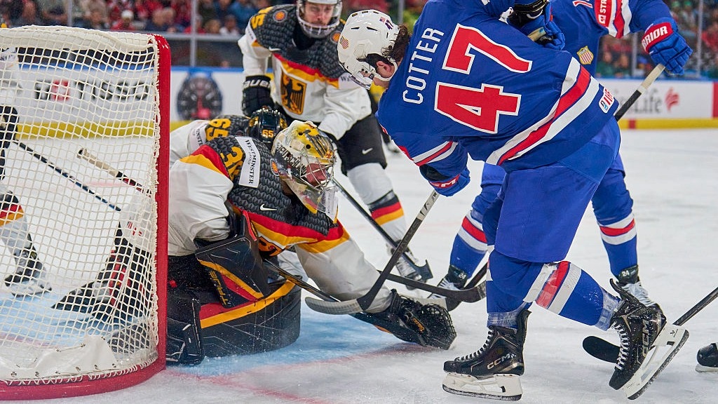 A goalmouth scramble as USA take on Germany in the IIHF World Championship 2026