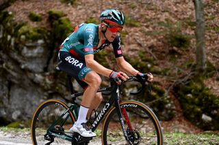 BRENTONICO SAN VALENTINO ITALY APRIL 19 Lennard Kmna of Germany and Team BORAHansgrohe attacks in the breakaway to win during the 46th Tour of the Alps 2023 Stage 3 a 1625km stage from Ritten to Brentonico San Valentino 1321m on April 19 2023 in Brentonico San Valentino Italy Photo by Tim de WaeleGetty Images