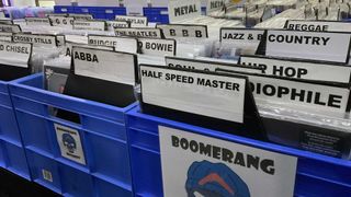 Crates of vinyl records on sale at the Australian Hi-fi Show 2023