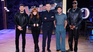 The Voice Season 28 coaches Michael Buble, Reba McEntire, host Carson Daly, Niall Horan and Snoop Dogg.