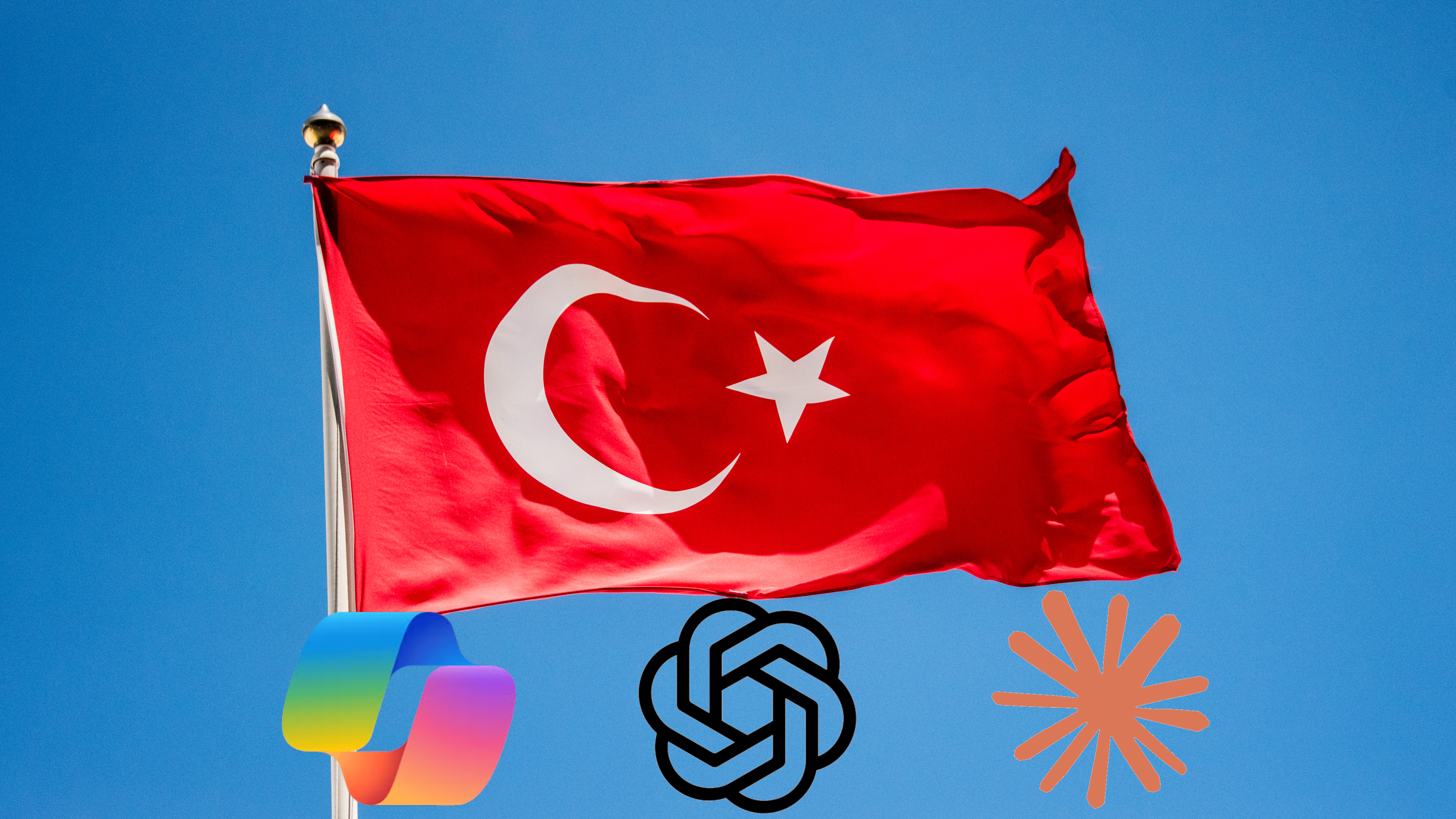 A Turkish flag with a white star and crescent against a blue sky, accompanied by three logos: a multicolored fluid design, a black knotted design, and an orange starburst.