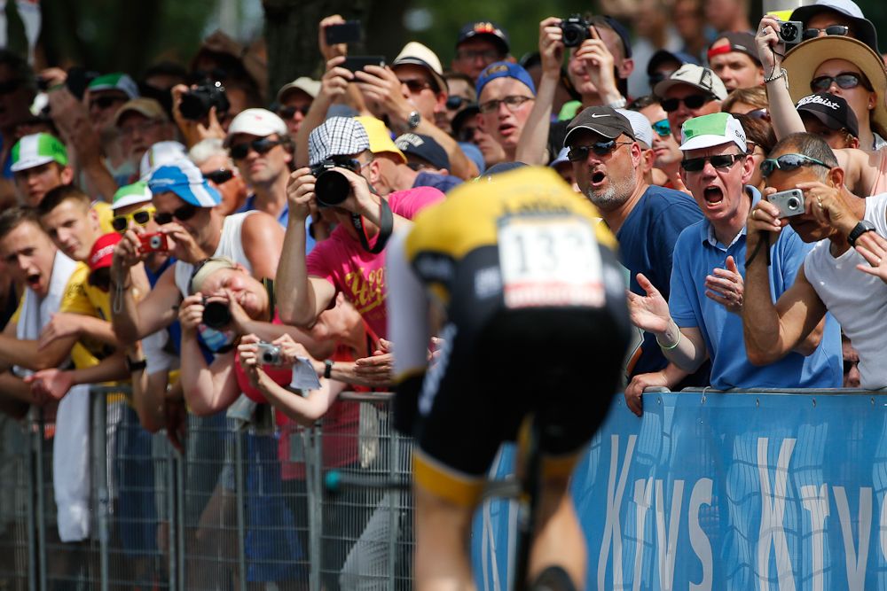 Steven Kruijswijk of Netherlands and Team LottoNL-Jumbo is cheered on by the fans during stage one of the 2015 Tour de France.