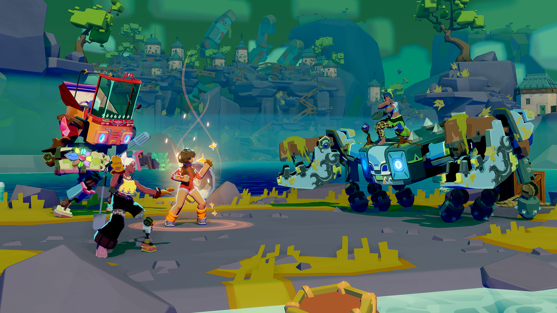 Samara and Amani encounter a rival enemy mech in Dosa Divas from a side angle, with the village and a river behind them