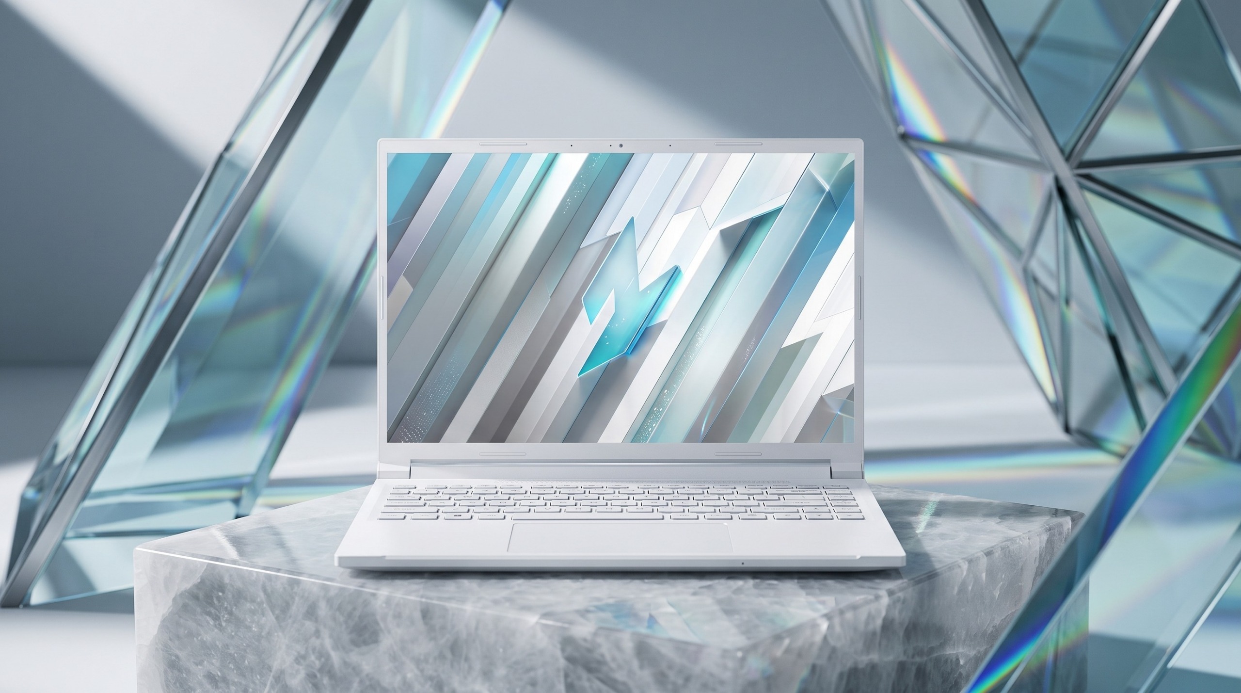 Acer Nitro V 14 on a marble plinth with glass structures in the background