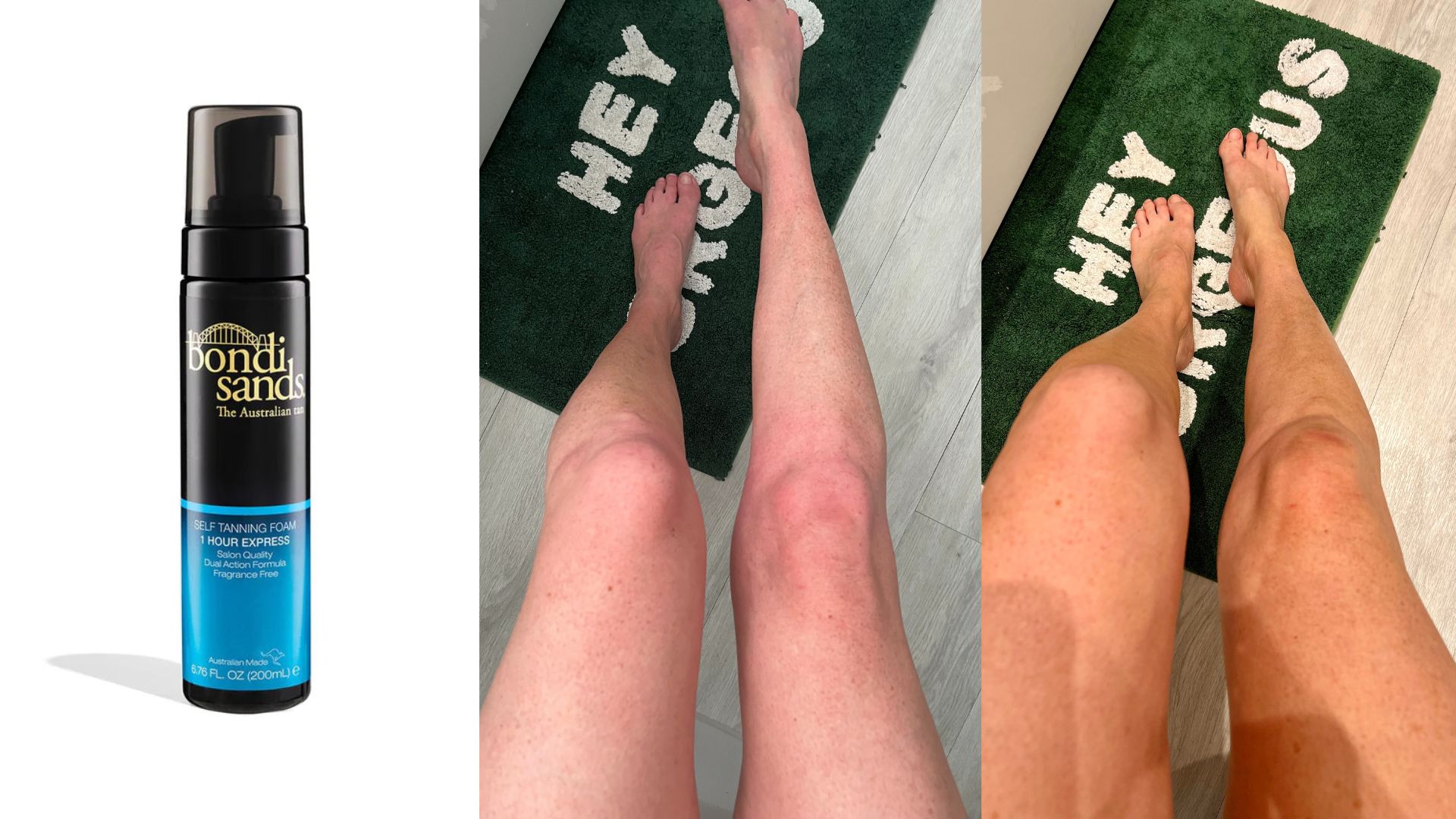 A before and after of Charley using the Bondi Sands Self Tanning Foam One Hour Express next to a product shot
