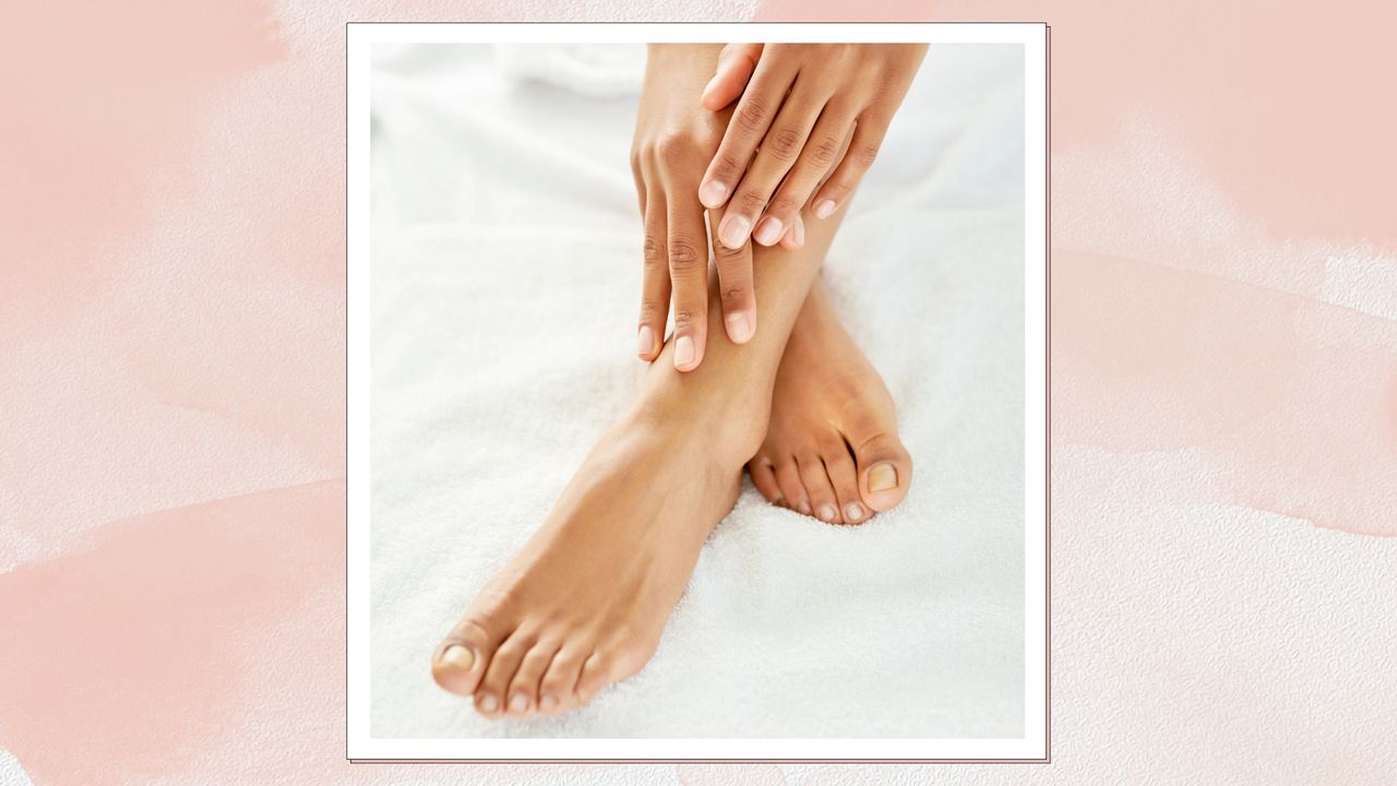 A close up of someone&#039;s feet and hands with a fresh sheer pink pedicure and manicure/ in a pink watercolour paint-style template