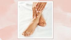 A close-up of someone's feet and hands with a fresh sheer cream pedicure and manicure/ in a pink watercolour paint-style template